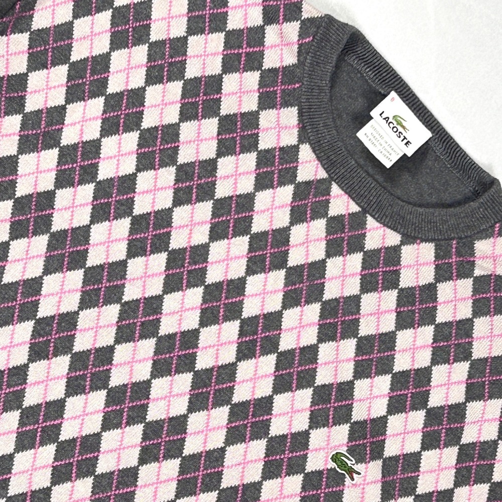 Vintage Lacoste Argyle Cotton Knit Sweater Mens 8 XXL Preppy Golf Y2K Gray Pink - Picture 3 of 9